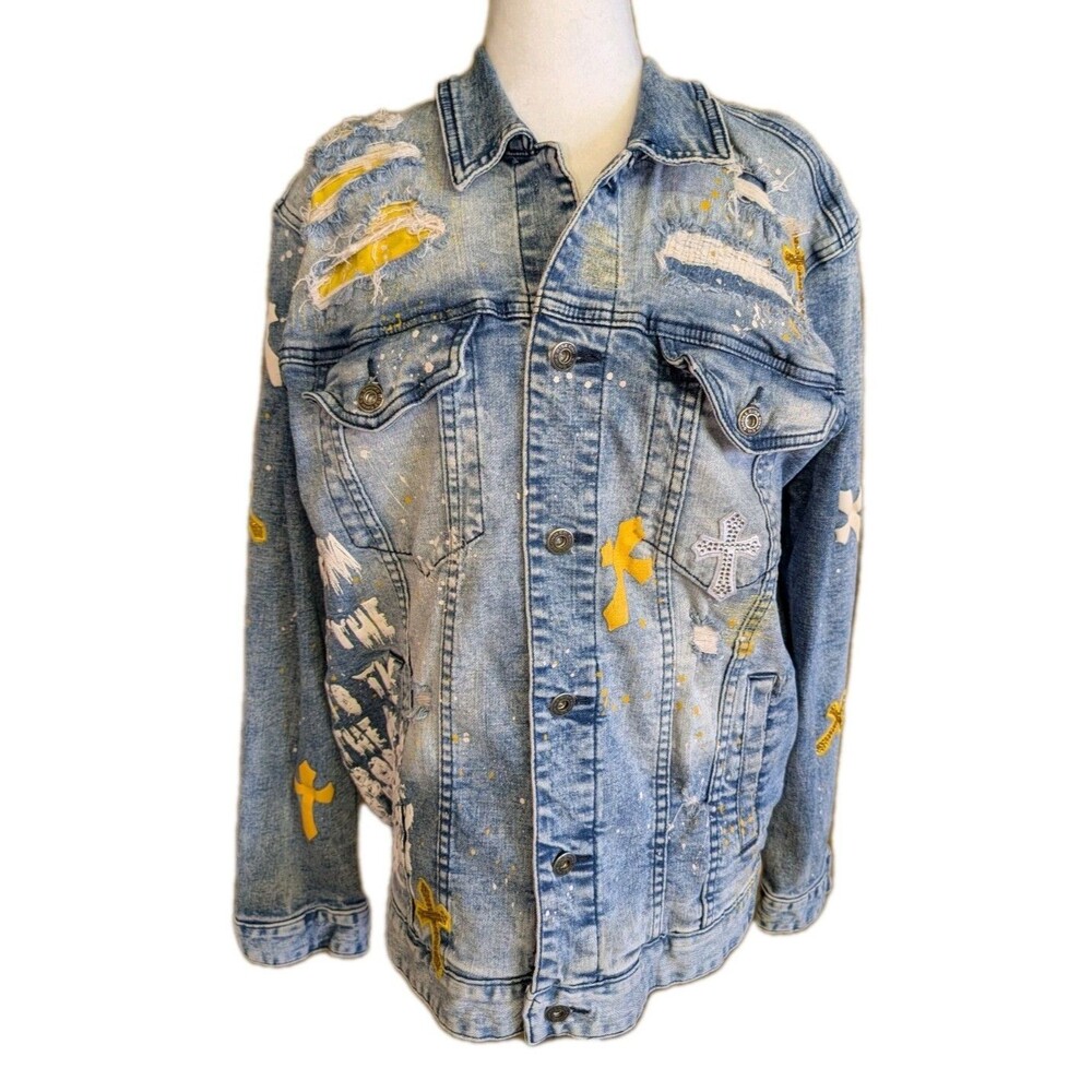 Smoke Rise Denim Co. Distressed Jean Jacket Size Men's XL Unisex Streetwear **